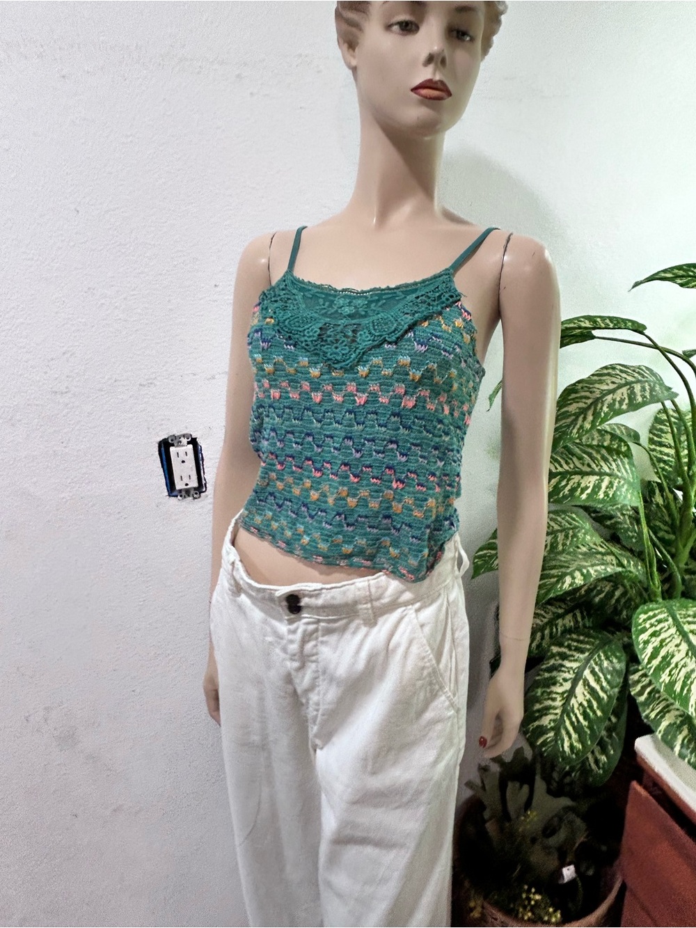 Free people Crochet Lace-Trim Teal Multi-Accent top